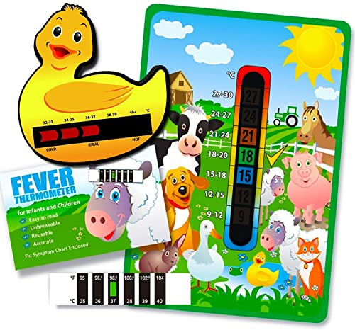 Pacchetto Happy Family con termometro per ambienti con animali da fattoria, termometro per bagno con anatra e termometro frontale per febbre per bambini