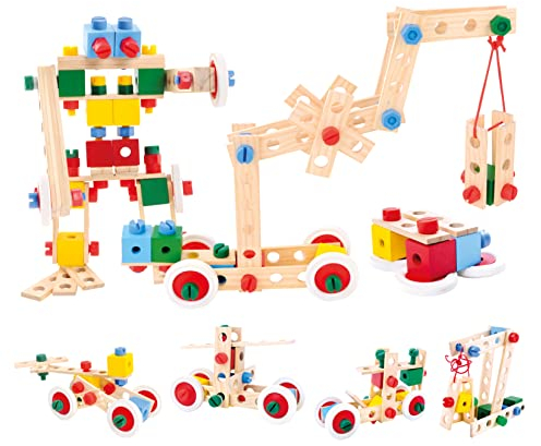 Bino Baukasten im Eimer, Spielzeug für Kinder ab 3 Jahre, Kinderspielzeug (Konstruktionsspielzeug, 120 teilig, zum Bauen von allerlei Konstruktionen, Motorikspielzeug aus Holz), Mehrfarbig