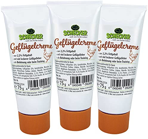 Schecker Geflügelcreme 3 x 75 g mit viel leckerer Geflügelleber als Belohnung oder beim Training für Ihr Tier