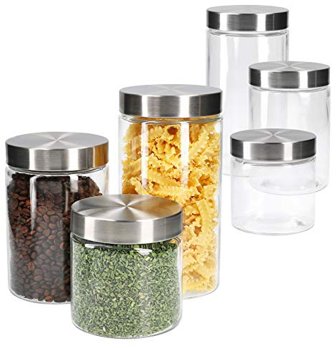 MamboCat Bera Lot de 6 bocaux à provisions avec couvercle en acier inoxydable Bocaux à remplir Ø 11 cm 0,8 l + 1,2 l + 1,7 l Boîtes rondes avec couvercle à visser Bocaux étanches à l'air