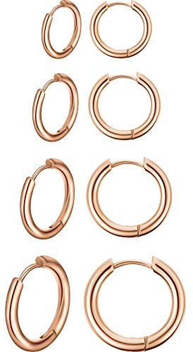 4 Paia Orecchini a Cerchio in Acciaio Inossidabile Piccoli Orecchini a Cerchio Cartilagineo Anelli per Labbra Naso per Uomini e Donne (8 mm, 10 mm, 12 mm, 14 mm, Oro Rosa)