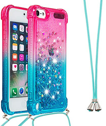 Halskette für iPod Touch 5/iPod Touch 6, Glitter Glänzende Pailletten, Quicksands, Flüssigkeit, transparent, Silikon, TPU Case Schutzhülle mit Kordel, Halsband für iPod Touch 5, YB GS, Rosa Blau