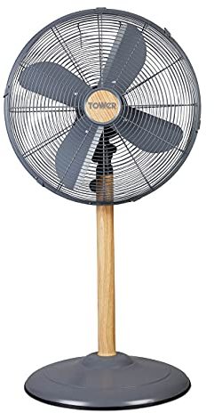 Tower T642000 Scandi Metal Pedestal Fan with 3 Speeds, Automatic Oscillation, 16”, 50W, Grey and Wood Effect