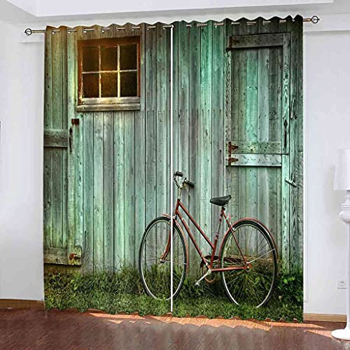 DSVNNZ Verdunkelungsvorhang 3D Gedruckt Vorhang Blickdicht Wärmeisolierte mit Ösen Fahrrad grünes Holzhaus Gardinen Modern für Kinderzimmer Wohnzimme 117x137 cm(B x H) 2 Stück