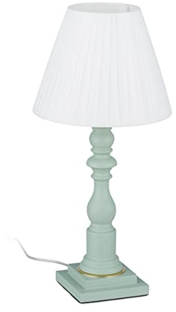 Relaxdays Tischlampe, mit Holzfuß & Stoffschirm, E27-Fassung, Vintage Nachttischlampe, H x D: 47 x 22,5 cm, grün-weiß