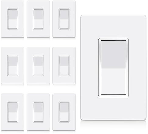BESTTEN 3 Way Decorator Light Switch, 10 Pack On/Off Paddle Rocker Interrupter, 15A 120/277V, Electrical Wall Light Switches with Screwless Wallplates, Single Pole or Three Way, UL Listed, White