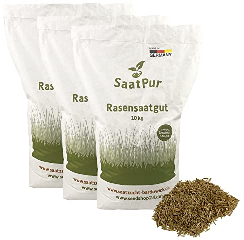 SaatPur® Rasensamen Sport und Spielrasen Dürreresistent 30kg für ca. 900 m², Mehrjährige Rasenmischung aus mehreren Rasenarten, meistens 4 bis 5, satt grün, strapazierfähig, Neusaat und Nachsaat