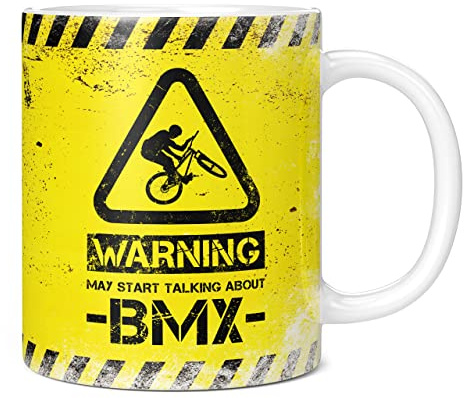 Mug Monster - Tazza da caffè in ceramica con scritta Warning May Start Talking About BMX, idea regalo per uomini o donne, tazza extra large e gigante disponibile, tazza bianca da 311,8 g