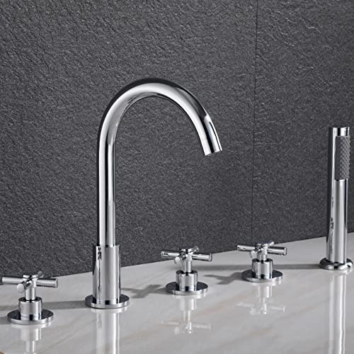 Robinet de Douche Mitigeur Mitigeur Baignoire 5 Trous Double Poignée En Croix Robinets de Douche et de Baignoire Mitigeur de Bain,Chrome