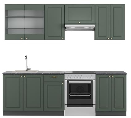 Vicco Küchenzeile Fame-Line, Grün-Gold Landhaus/Anthrazit, 240 cm ohne Arbeitsplatte