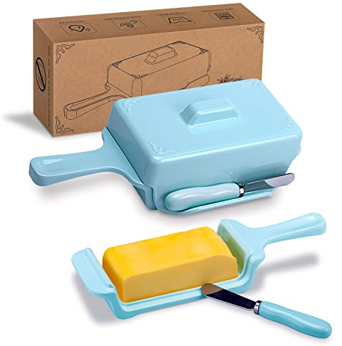 Butter Dish with Lid & Knife, Covered Butter Holder for Countertop, Airtight Butter Container with Cover, Butter Keeper Storage Perfect for West/East Coast Butter,Blue