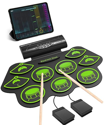 OYAYO Schlagzeug Elektronisch, 9 Pads Faltbares Elektronisches Schlagzeug Eingebaute Stereolautsprecher Roll Up Drum set Perfekt für Zuhause Reisen Party, Lernspielzeug für Jungen Mädchen Anfänger