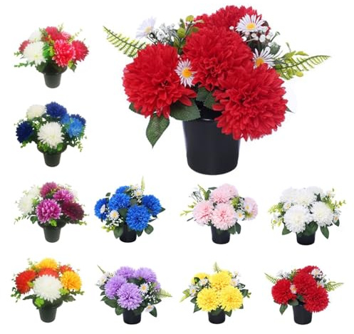 Mr. Barry's 25cm Artificial Grave Flower Pot - Red Chrysanthemums & Daisies | Artificial flowers for graves and memorials, long-lasting design, red chrysanthemum and daisy arrangement, suitable outdoors