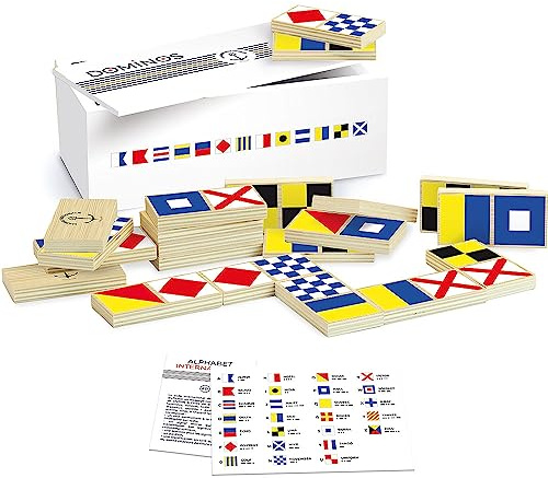 Vilac Wooden Sailor/ Sea Dominoes, Colors/ Shapes/ Pavilions Recognition, Has 1 x Nautical Flags Booklet, French Navy/ Marine Nationale, 28 Pieces, 20 x 10 x 7 cm, 2 Years+