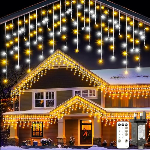 LaiTeny Icicle Outdoor Christmas Lights 10M - Warm White LED Xmas Icicles Light Outside Lighting Connectable House Lights 8 Mode Remote