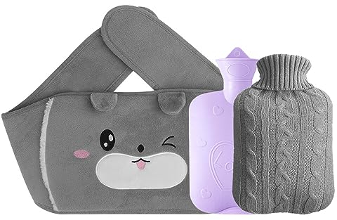 Gobesty Wärmflasche mit Bezug, 3 in 1 Wärmflaschengürtel, Wärmflasche mit Weichem Stoffdecke, Hot Water Bottle, Wärmflasche Nacken, Wärmeflaschen Set für Nacken, Schulter, Rücken, Beine, Taille Warm