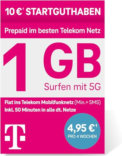 Deutsche Telekom MagentaMobil Prepaid S SIM-Karte ohne Vertragsbindung,5G inkl. I1 GB & Flat ins Mobilfunknetz,50 Freiminuten in alle Anderen dt. Netze I Surfen mit 5G/ LTE Max, 10 EUR Startguthaben