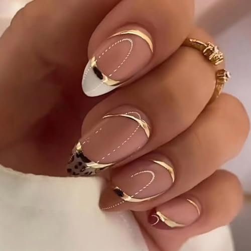 SINLOV Lot de 24 faux ongles ovales en forme d'amande - Rose doré - Long à presser - Imprimé léopard - Faux ongles français - Couverture complète - Pour femmes et filles…