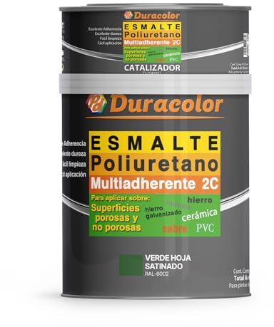Esmalte al Poliuretano Multiadherente Satinado Duracolor | Pintura para Metales, Madera, Bañeras, Azulejos y Sanitarios | Resistente y Duradero (600 ml + 150 ml, Verde Hoja RAL 6002)
