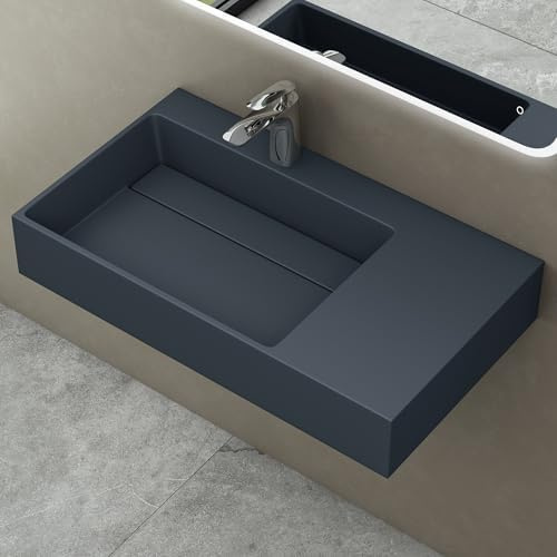 doporro Lavabo da Appoggio o Sospeso Rettangolare 75x43x14 cm per Bagno | Lavandino per Bagno in Marmo Resina, Colore Antracite, Finitura Opaca, Foro per Rubinetto, Piletta di Scarico Inclusa