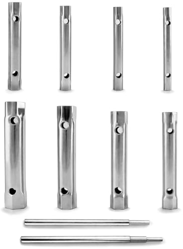 QWORK Spark Plug Wrench Set, Box Spanner Set, 10 Pcs Tubular Spanners, Steel Tube Spanner and T Bar Tool Kit 6 x 7-20 x 22 mm with 2 Tommy Bars