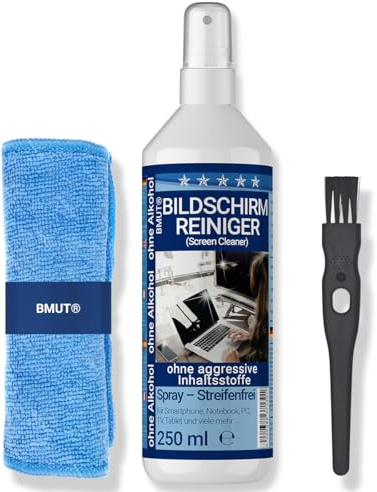 250ml Bildschirmreiniger Spray Set | XXL Mikrofasertuch | Pinsel | gegen Fettflecken & Fingerabdrücke | für alle Displays, Tablets, Handys & Monitore