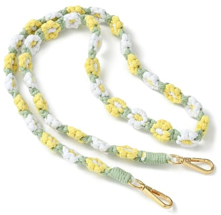 Ipotkitt 1 Pcs Handmade Flower Weave Crochet Chain Boho Style Floral Macrame Lanyard Daisy Keychains Chain for DIY Purse Bag Lanyard Phone Case Decor