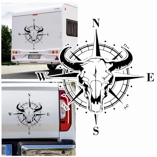 Rakelfix Autocollant boussole squelette tête de mort Taille et couleur au choix Chien Camper camping-car Autocollant pour voiture Motif boussole rose des vents