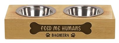 KreateSquare Personalised Dog Bowl with Bamboo Wooden Stand, Custom Dog Food & Water Bowls, Engraved Pet Bowls for Cats, Dogs & Puppies, Ideal Customised Gift (Design 02, Double Bowl (36.5 X 16.5))