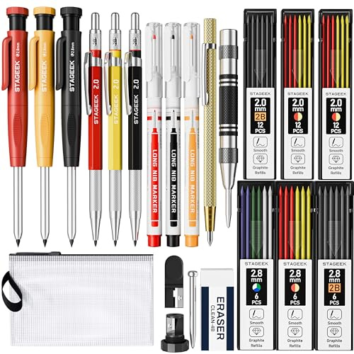 STAGEEK 22er-Set Mechanischer Zimmermannsbleistifte, Automatischem Körner, Hartmetall-Anreißwerkzeug, Radiergummi und Markierstift für tiefe Löcher, Robuster Konstruktionsbleistift für Architekten | Tiefloch-Marker und Holzbearbeitungswerkzeug-Set für Architekten, Bauunternehmer, Heimwerker, mit Tasche