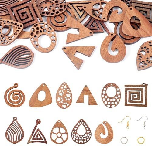 Sparkeads 22 Stück natürlicher Holzanhänger in Tropfenform, ovale Raute, baumelnde Charms, braune Biegeringe, Ohrringhaken für Handwerk, Halsketten, Armband, DIY