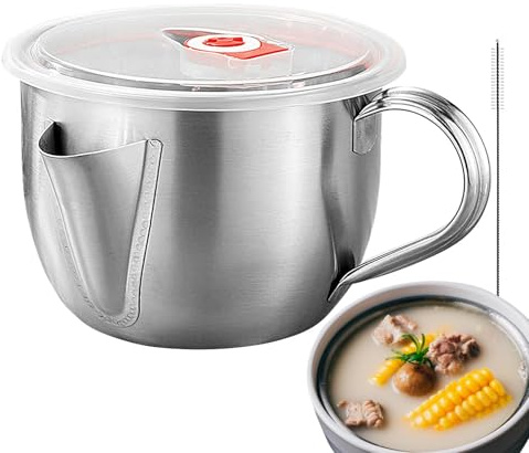 Stainless Steel Fat Separator Jug, Bacon Grease Container with Strainer, 1000ml Oil Separator Jug, Cooking Oil Filter Container for Kitchen