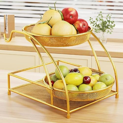 JUNYFFF Fruttiera Cesto di Frutta A 2 Livelli, Ciotola di Frutta del Metallo Ciotola di Frutta Moderno, Cestino per Frutta A 2 Ripiani, Cesto per Frutta in Metallo, Cestino Portafrutta Decorativo
