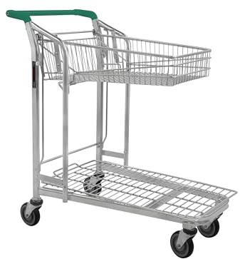 Nestable Stock Trolley, Industrial Steel Platform Transport Cart with Folding Basket, Ergonomic Handle & Swivel Wheels for Warehouses, Retail Outlets