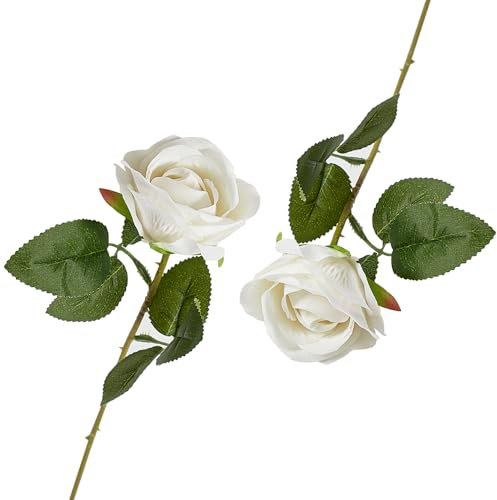 AKSIQIOL 2PCS White Artificial Roses with Stems, single rose,Realistic Silk Flowers for Wedding, Bridal Shower, Home & Garden Decor