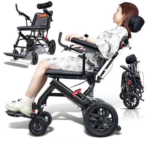 Ultra Leichter Faltrollstuhl bis 150kg Premium Reiserollstuhl und Transportrollstuhl für Senioren und Erwachsene, Outdoor und Indoor, Faltbar, Leicht, Aluminiumrahmen, 0–150° verstellbare Rückenlehne