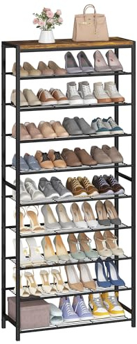 HOMEFORT 10 Tiers Shoe Rack Organizer,30 Shoe Storage Shelf for Closet, Shoe Rack for Entryway,Holds 36-40 Pairs of Shoe, Tall Shoe Stand with Metal Shelves and MDF Top Board,Rustic Brown