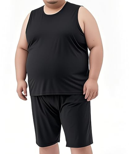 Tycoonest Ensemble de pyjama surdimensionné pour homme, short et pantalon, maillot de corps, gilet de détente, vêtement de nuit, jersey doux et confortable, short d'été en modal, Noir , 7XL Grande