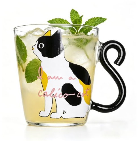 LONTG Tasse en Verre Transparent Tasse de Chat Mignonne Tasses à Café avec Poignée Mug à Lait avce Motif Chat Verre à Eau Mug à Café Tasses de Capuccino Thé Lait Expresso Style Japonais 300ML