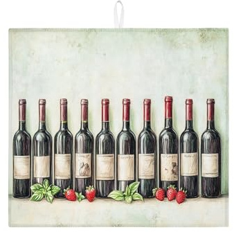 Wine Bottle Dish Drying Mats For Kitchen Counter, Vintage Art Absorbent Dish Drainer Rack Mat, Rustic Microfiber Drying Pad For Kitchen Counter Bar Protector 16x18 Inch