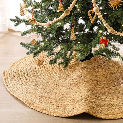 Seenelling 36 Inch Woven Rattan Christmas Tree Skirt Stylish Hyacinthus Hyacinth Natural Rustic Xmas Tree Skirt for Christmas Farmhouse Home Decor Xmas Holiday Party Decorations
