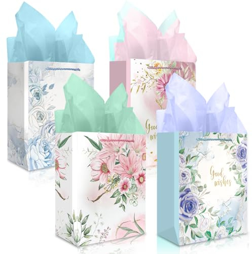 Blume Geschenktüten Set,Geschenktasche Geburtstag mit Henkel,Papiertüten für Geschenke Tüten Geburtstag,Geburtstagstüte für Frauen Mädchen,Geschenksackerl geschenkverpackung für Jahrestag Muttertag