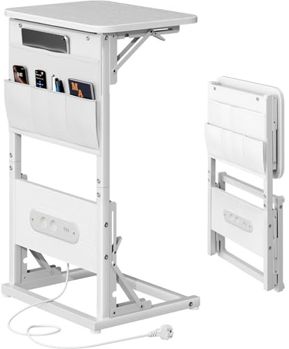 HLONONE Beistelltisch C Form, Klappbarer Sofatisch mit Steckdosen, Couchtisch mit Metallrahmen für Schlafzimmer und Wohnzimmer, 30 x 40 x 68.5 cm, Wohnzimmertisch für Kaffee und Laptop, Weiß