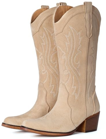 IUV Suede Cowboy Boots for Women Western Mid Calf Cowgirl Boots with Embroidered, Retro Snip Toe Fashion Boot With Chunky Block Heel Summer Fall Country Music Festival Cowboy Chic