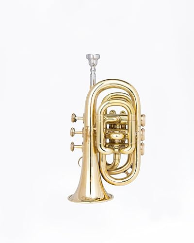 QUEENBRASS Pocket Trompete in Bb Pitch - Vollmessing-Finish mit roten Ventilakzenten | Kompakte Trompete mit Mundstück & Koffer für Anfänger & Schüler