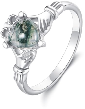 ONEFINITY Claddagh - Anello irlandese in argento sterling 925 con cuore di agata muschiata irlandese, metallo prezioso