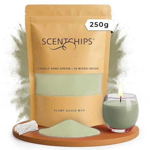 Scentchips Kerzensand – Farbiger Wachsgranulat zum Selbermachen von Kerzen mit 15 losen Dochten, Dekosand für Glasgefäße & Teelichter, Duftfrei, Ideal für DIY, Party & Wohnkultur (Green, 250g)