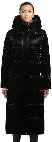 khujo Damen warmer Wintermantel lang Steppmantel mit großer Kapuze aus glänzendem Material Soulani5 Shiny Black Gr. S