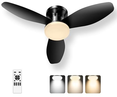 106cm Ceiling Fans with Light and Remote, 42 inch Low Profile Ceiling Fan with Lamp for Bedroom, 6 Speeds, 3 Colour Temperatures Dimmable, Reversible, Flush Mount DC Motor Fan Light, Black