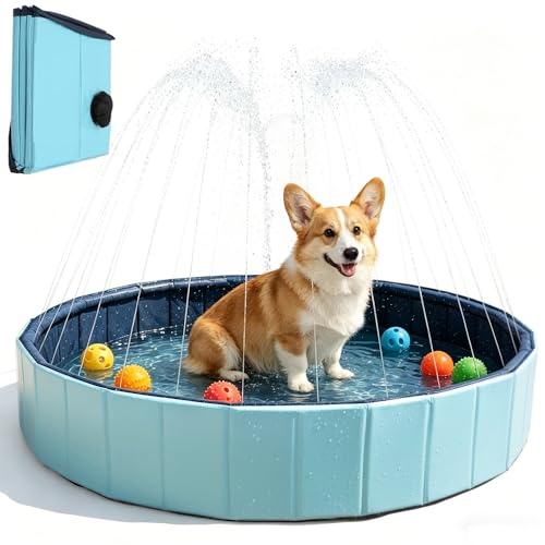 KBIBCK Hundepool mit Sprinkler, 20 x 80 cm, Faltbarer Pool für Hunde und Tiere mit Ablassventil, Hundeplanschbecken für Sommer Outdoor Garten, Tragbar Hundepool Schwimmbad Hunde, Katze